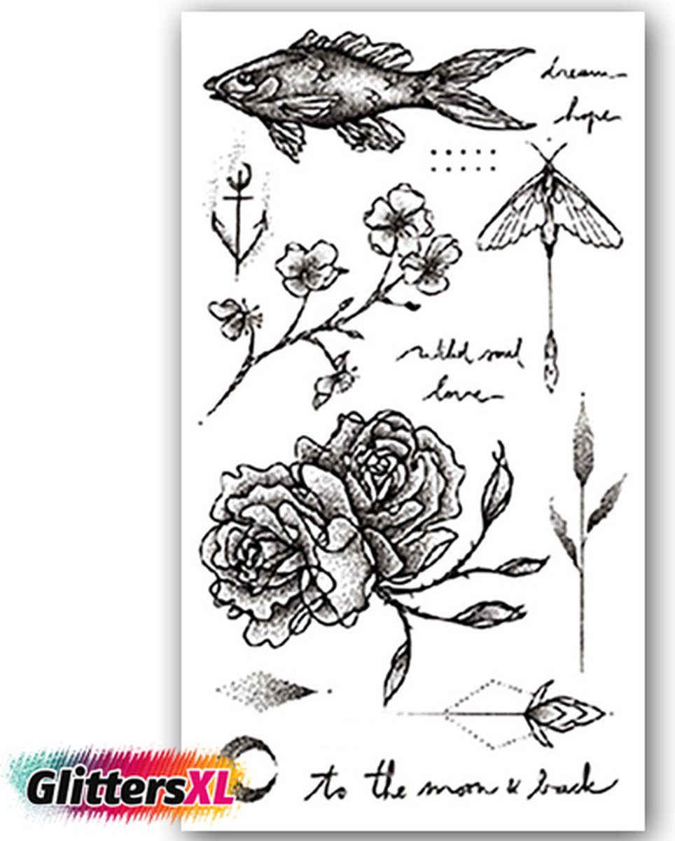 GlittersXL - Temporary Tattoo Bloemen/Vis/Libelle (11x6cm) [Neptattoo - Tijdelijke tatoeage - Nep Fake Tattoos - Water overdraagbare festival sticker henna outfit tattoo - Glitter tattoo - Volwassenen Kinderen Jongen Meisje]